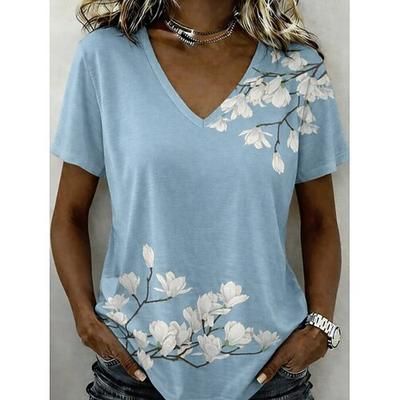 Per donna Maglietta Stampato Floreale Grafico Piante Vintage Elegante Classico Manica Corta Scollo a V Top Regolari Casuale Quotidiano Blu Arancione Nero / blu Estate Primavera Autunno Inverno