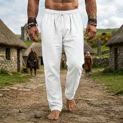 Medievale Rinascimento Pantaloni Vichingo Tessuto misto 95% lino Semplice Costume Per uomo Halloween Carnevale Performance LARP Fiera Rinascimentale Adulti Pantaloni