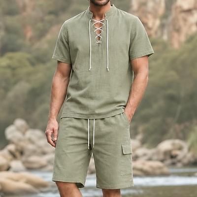 Set Medievale Rinascimento T-shirt Shorts Vichingo Tessuto misto 95% lino Costume Per uomo Halloween Carnevale LARP Fiera Rinascimentale Vacanza al Mare Adulti Top Shorts Estate