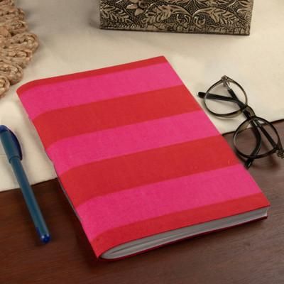 'Block-Printed Cotton Journal with Fuchsia and Red Stripes'
