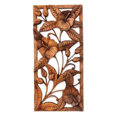 'Sweet Balinese Hibiscus' - Artisan Crafted Floral Wood Relief Panel