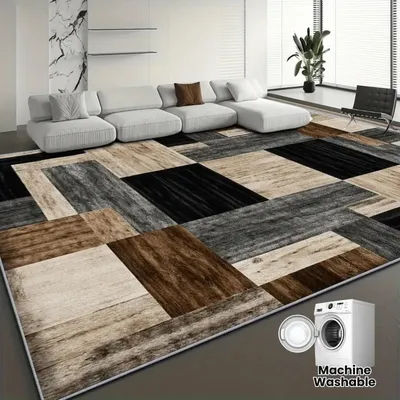 VIKAMA Modern Geometric Wood Grain Area Rug, Non-Slip Machine Washable Carpet, Brown & Grey Block Print Floor Mat Living Room