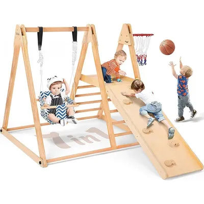 7 in 1 Indoor Jungle Gym for Toddlers Montessori Wooden Climber Play Set with Slide Swing Climbing Net Schools Amusement Parks