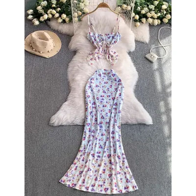 Foamlina vacances Sexy torsion haut à licou ensemble femmes taille haute maille florale sirène Maxi jupe pour femmes deux pièces demi jupe ensemble