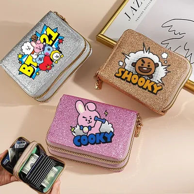 BT21 Wallet Sequins Pearl Multiple Card Slots Zipper Purse Women COOKY TATA Cartoon Anime Kawaii Card Holders Lady Birthday Gift