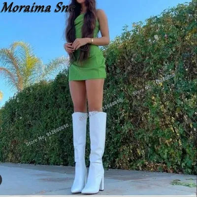 Moraima Snc blanc solide sans lacet pierre impression bottes pour femmes genou bottes hautes talon épais talons hauts chaussures de piste sur talons taille 44