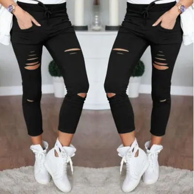 Jean en denim déchiré pour femme, taille haute élastique, coupe crayon skinny, style japonais