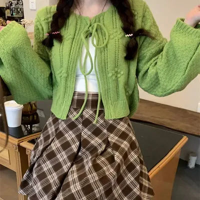 Cardigan tricoté noué vert pour femme, court, nouveau Style, pull à manches lanternes, automne