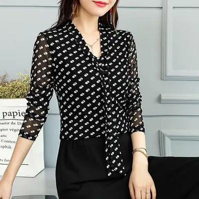 Nouveau haut en gaze de printemps pour femme, à manches longues, fin, col en V, style floral, élégant et décontracté