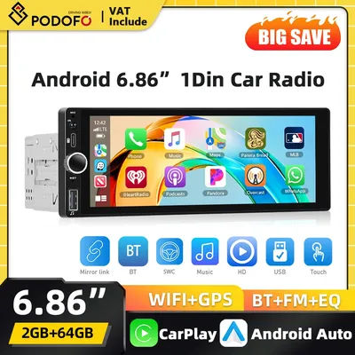 Autoradio multimédia Podofo Carplay 6,86 pouces Android 1din, lecteur vidéo, Android Auto, stéréo, GPS, navigation, lecteur FM, 4G, EQ, WiFi, Bluetooth