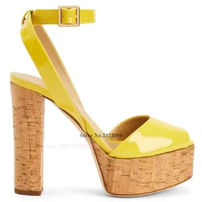 Sangle en cuir verni jaune boucle en métal doré talon haut sandales à plate-forme haute femmes chaussures Peep Toe dames pompes chaussures de bal