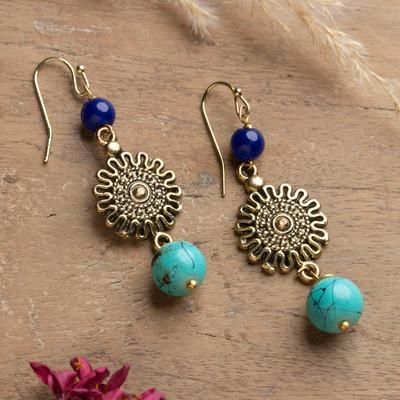 'Spring-Themed Antiqued Brass and Blue Resin Dangle Earrings'