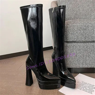 Bottes hautes en cuir verni pour femme, talons Super hauts de 14CM, Sexy, bout pointu, plateforme, fermeture éclair latérale, élastiques, nouvelle collection automne hiver