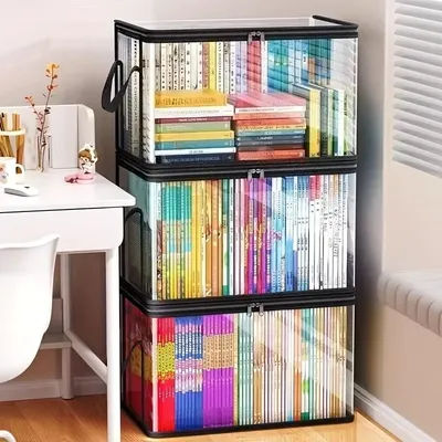 3-Pack Foldable, Space-Saving Large Transparent Storage Boxes with Flip Lids, Large Rectangular Organizing Bins with Front and Lid, Space-Saving Design Suitable for Books, Clothes, Office, Home,
