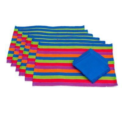 Harvest Trails,'Six Multicolored Striped Cotton Placemats and Napkins'