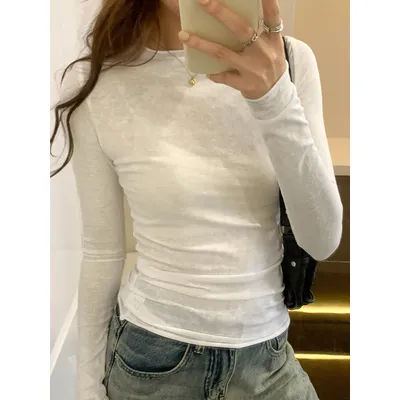 T-shirt Femme Printemps Automne 2026 – Hauts Unis Coupe Slim Manches Longues Col Rond – T-shirts Décontractés Streetwear Haute Qualité pour Femme