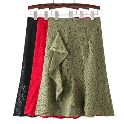 Jupe trapèze longue taille haute amincissante en dentelle crochet irrégulière, nouvelle collection