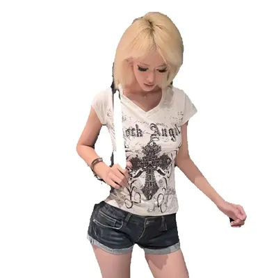 Américain rétro sous-culture croix impression T-shirts Harajuku mince à manches courtes t-shirt Punk haute rue Hottie T-shirts femmes Chic haut
