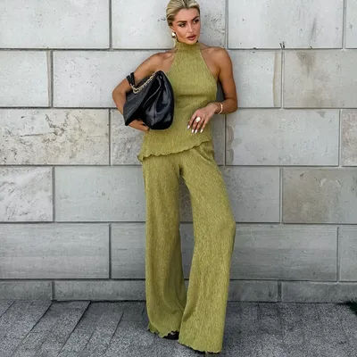 Tuularose suspendus vert pantalon ensemble sans manches dos nu personnalité tempérament banlieue deux pièces ensemble été nouveau femmes pantalon ensemble