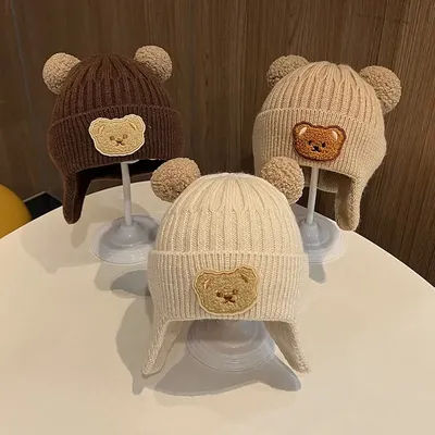 Chapeau en laine pour bébé, ours mignon, protection des oreilles, pour enfants, hiver, épais, chaud, tricoté, version coréenne du chapeau pour bébé