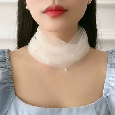 Printemps été mince crème solaire foulards maille faux col de perle écharpe Organza écharpe femmes luxe à volants cou couverture bavoir foulard