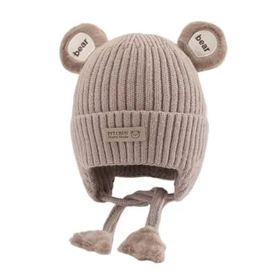 Bonnet pour tout-petits, Design ours mignon, doublure en coton, détail de laçage, casquette chaude d'hiver, matériau tricoté, casquette de Protection des oreilles chaude