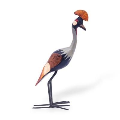 'Wood Crane Statuette with Cotton-Wrapped Metal Wire Legs'