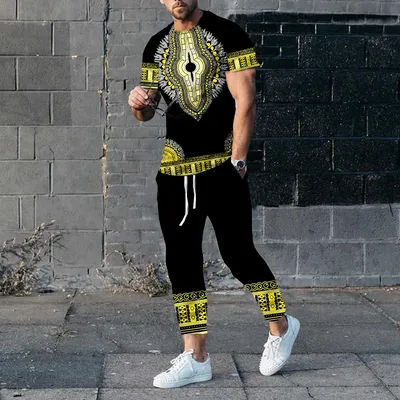 African Dashiki T-Shirts Sweatpants Sets Ethnic Style 3D Print Men's Oversized Short Sleeve T Shirt Trousers Set Suits Clothing