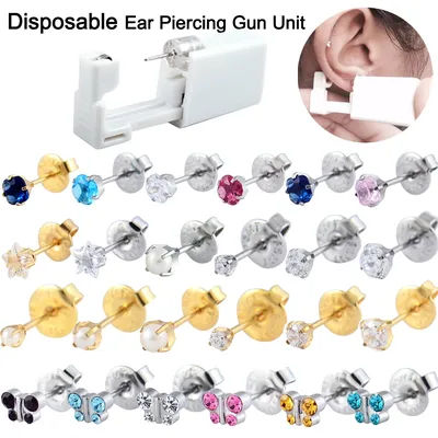1PC Sterilized Disposable Ear Piercing Gun Unit Zircon 24K Gold Plated 316L Steel Ear Studs Puncture Machine
