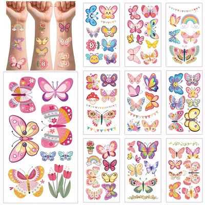 10 Sheets Butterfly Fake Tattoo for Girls Waterproof Mermaid Design Temporary Tattoo Stickers Body Decor Birthday Party Gifts
