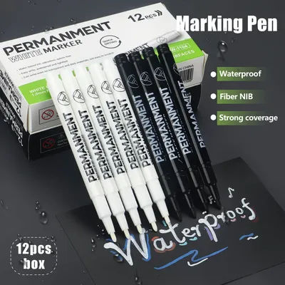 3/6/12 Pcs Waterproof Marker Pen White Black Inks 2mm Tip For Rock Painting Stone Ceramic Glass Wood Tire Fabric Metal Canvas