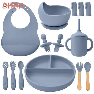 Silicone Baby Feeding Set Tableware Baby Food Dish Fork Spoon Suction Bowl Divided Plate Bib Cup Baby Led Weaning Supplies