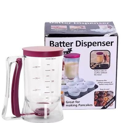 Dosatore per pastella per pancake e cupcake da 4 tazze, 900 ml, con etichetta di misurazione, maniglia a pressione e supporto per cupcake, crêpes, torte o qualsiasi prodotto da forno.
