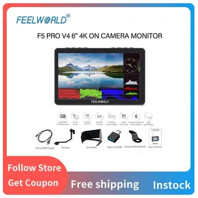 Moniteur de terrain pour appareil photo DSLR FEELWORLD F5 PRO V4 avec écran tactile de 6 pouces, 3D LUT, kit d'alimentation externe F970, entrée/sortie HDMI 4K
