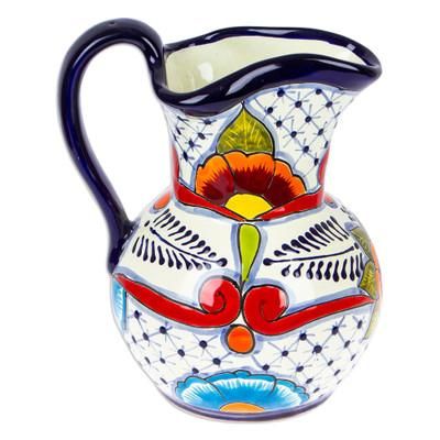 Marvelous Flowers,'Painted Talavera Style Ceramic Pitcher in Blue and Red'