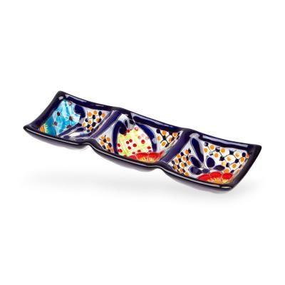Raining Flowers,'Mexican Talavera Style Ceramic Triple Condiment Dish'