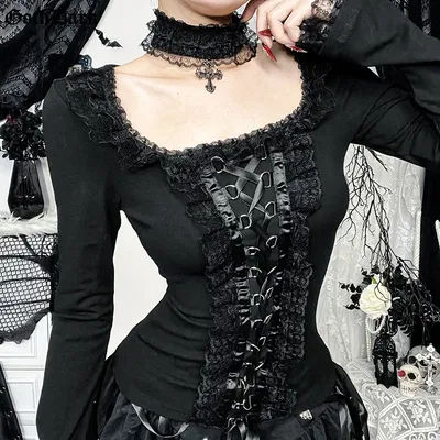 Goth Dark Elegant Fashion Lace Side Patchwork Long Sleeve Tops T-shirts Mall Gothic Bandage Blouse Slim T-shirt Women Techwear