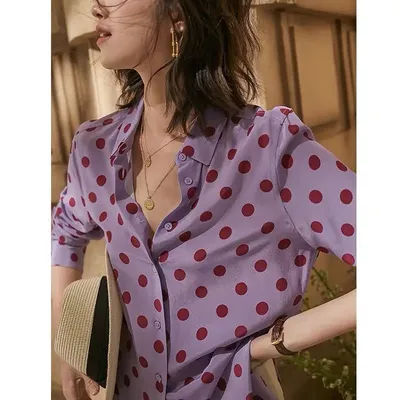 Chemise imprimée à pois pour femme, chemise polyvalente, haut violet, manches longues, moyen à long