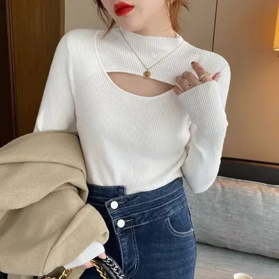 Pull en maille pour femme, nouveau modèle à manches longues, blanc, col montant, hauts et pulls pour femme Q2581