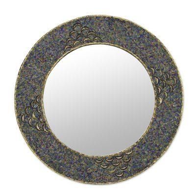 Glass Grandeur,'Handmade Multicolor Glass Beaded Brass Wall Mirror'