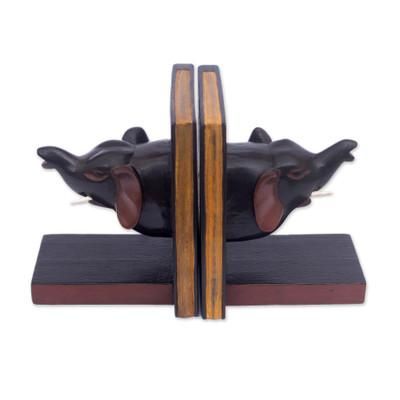 'Sese Wood Bookends with Elephant Motif Hand-Carved in Ghana'
