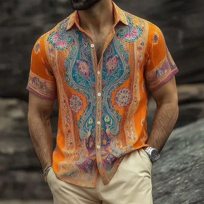 Chemise à manches courtes pour homme, imprimé floral ethnique 3D, style rétro streetwear, tops de vacances, bleu, rose, orange, vert, printemps, été