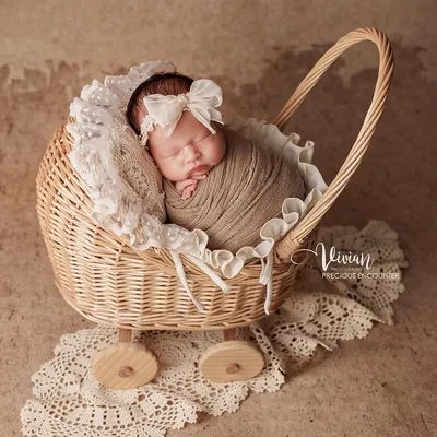 Newborn Photography Props Retro Lace Pillow Hollow Mat Bow-knot Headband Rattan Stroller Blanket Theme Set for Studio Photoshoot