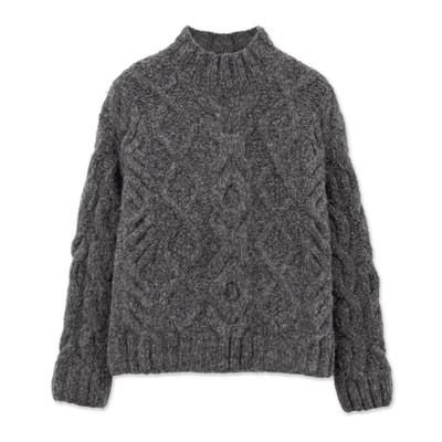 Smoke Heirloom,'Hand Cable Knit Baby Alpaca Blend Pullover Sweater in Grey'