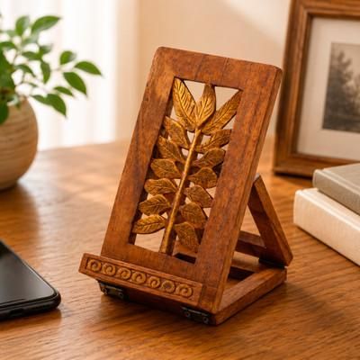 'Leaf-Themed Jempinis Wood Phone Holder with Golden Accents'