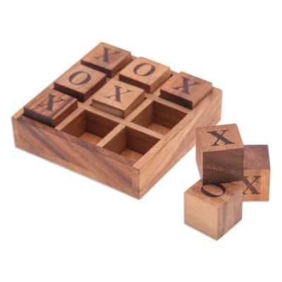 'Handcrafted Geometric 9-Piece Raintree Wood Tic-Tac-Toe Game'