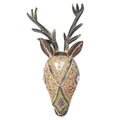 Spiritual Antelope,'Sese Wood Beaded Antelope Mask Hand Carved in Ghana'