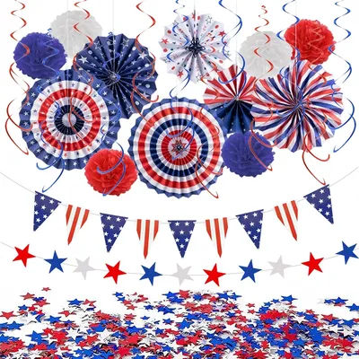 Independence Day Theme Paper Fans Spiral Hanger Wall Background Photo Props for 4th of July American National Day Party Decor