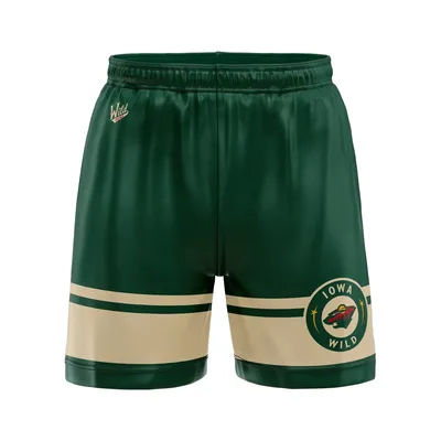 Nouveaux shorts de sport pour hommes 2026 avec logo des Iowa Wild, rayures vertes et beiges, séchage rapide, décontractés, pour l'entraînement, avec impression de la marque de l'équipe