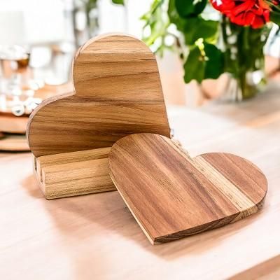 Love Elixir,'Heart-Shaped Teak Wood Coasters with Base (3 Pieces)'